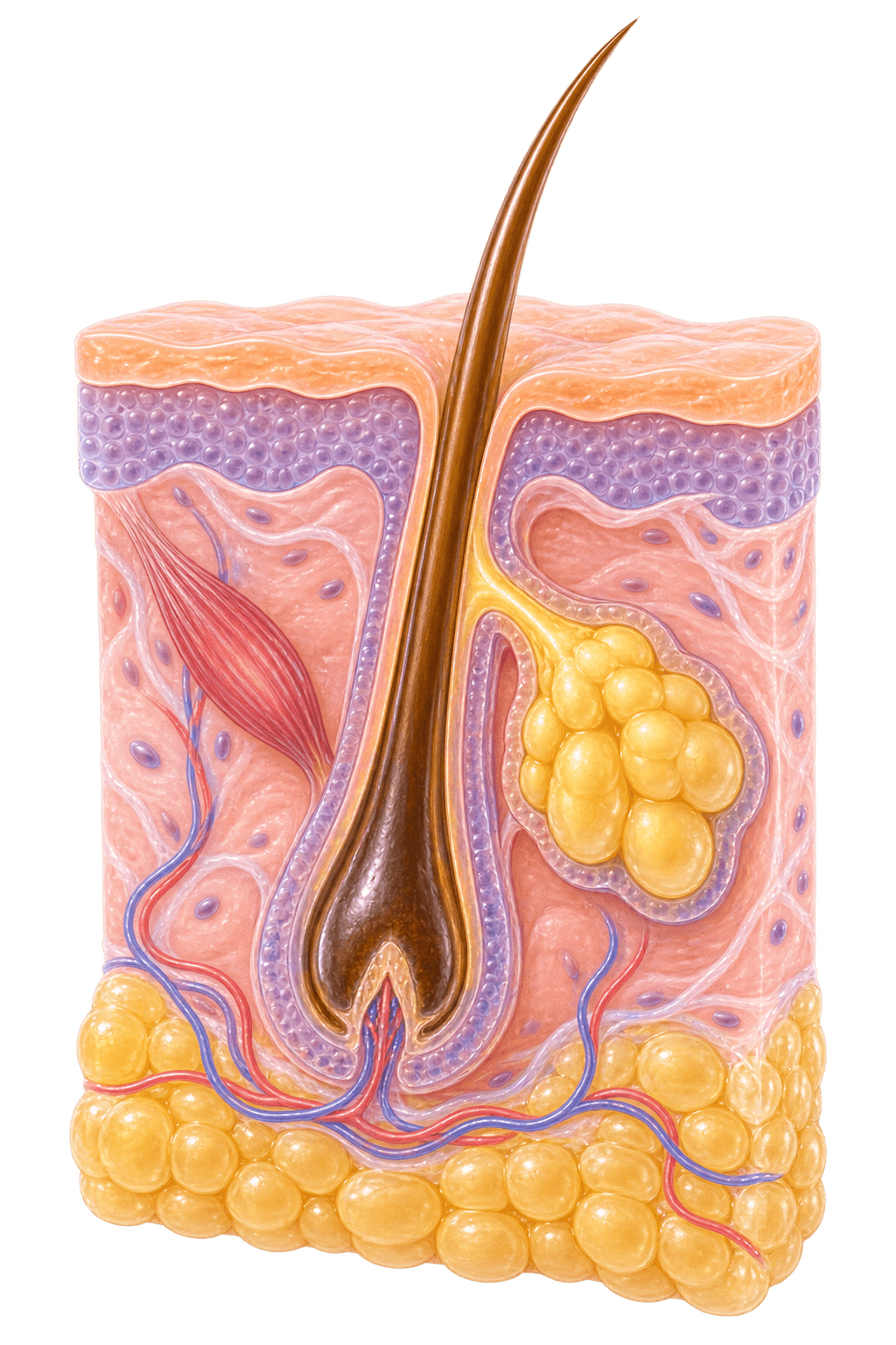 Colourful close view of skin layers, a hair follicle, and a sebaceous gland