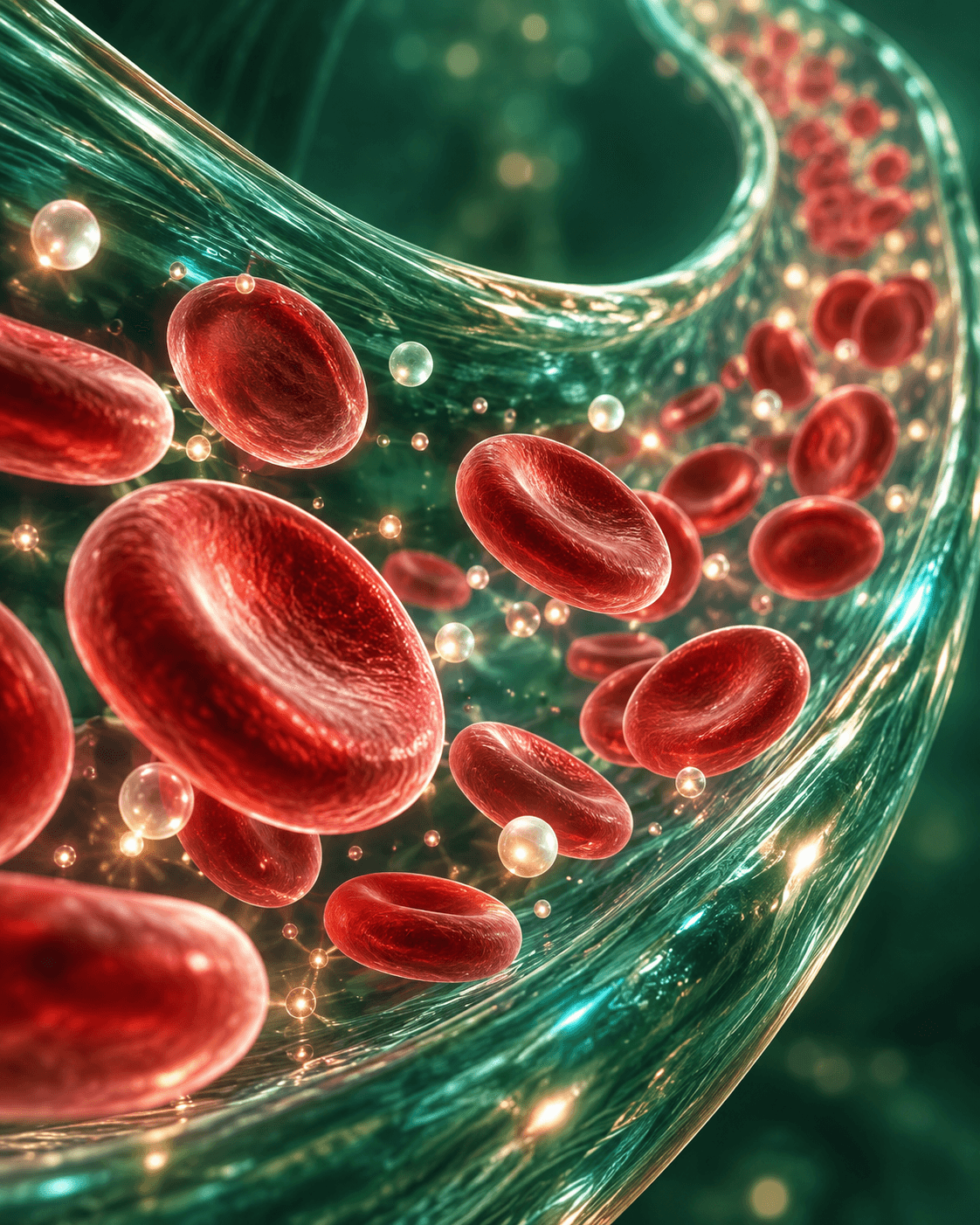 Educational ruby-red blood cell forms moving through a translucent jade vessel