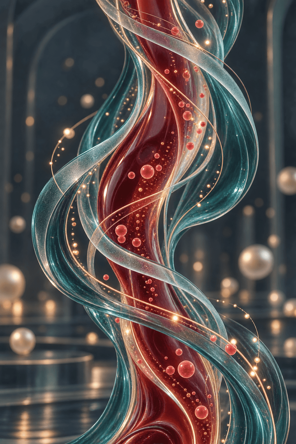 Abstract transparent teal and burgundy vessel-like sculpture with coral and gold light pulses