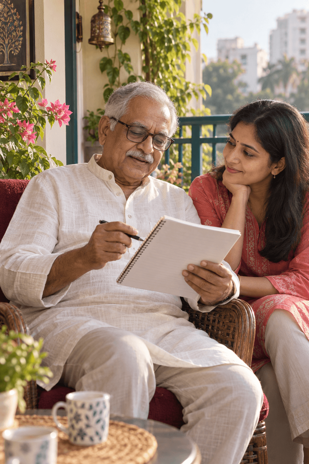 Older Indian man sharing his own notebook questions with his daughter on a sunlit verandah