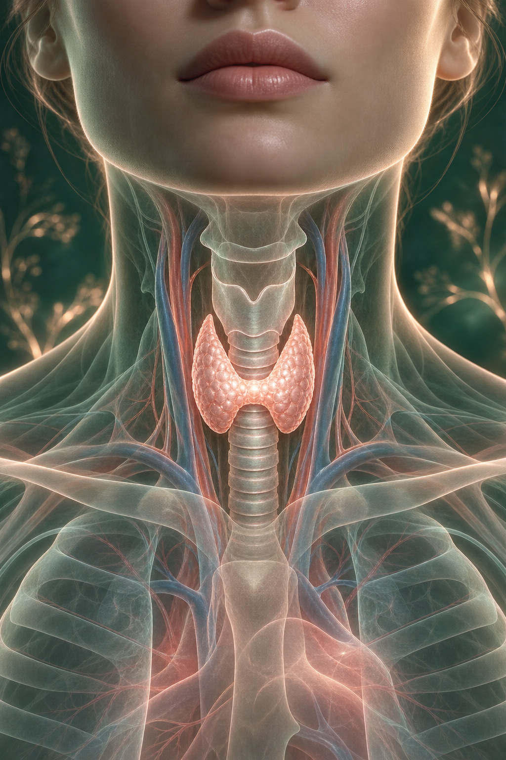 Transparent front-of-neck anatomy showing the butterfly-shaped thyroid gland and surrounding structures
