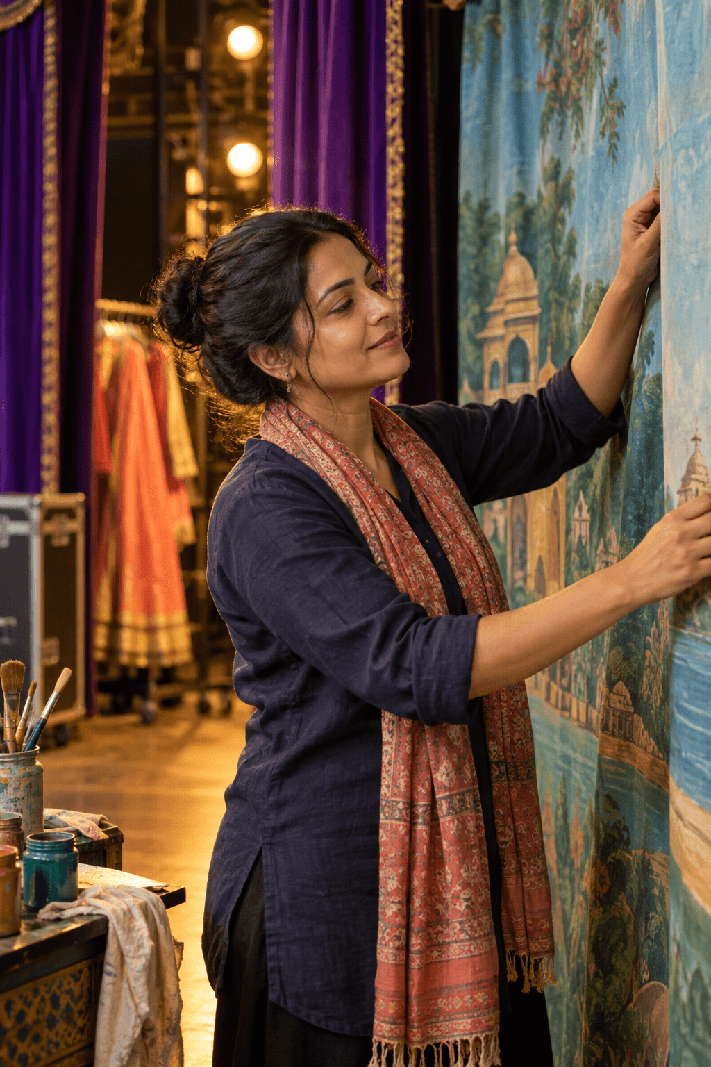 Indian woman adjusting a hand-painted stage backdrop in a colourful community theatre
