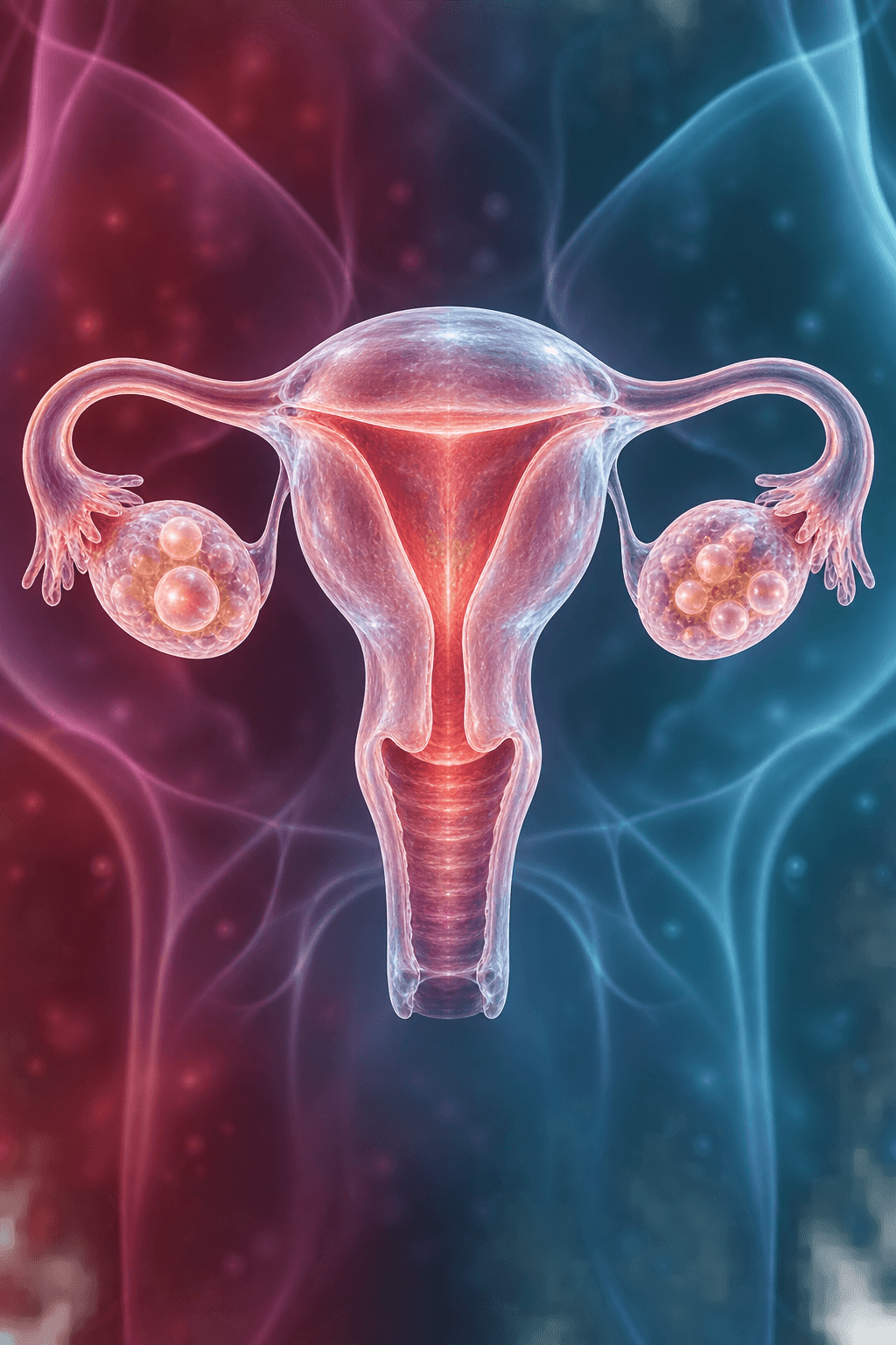 Transparent clinical anatomy model showing the uterus, ovaries, and fallopian tubes