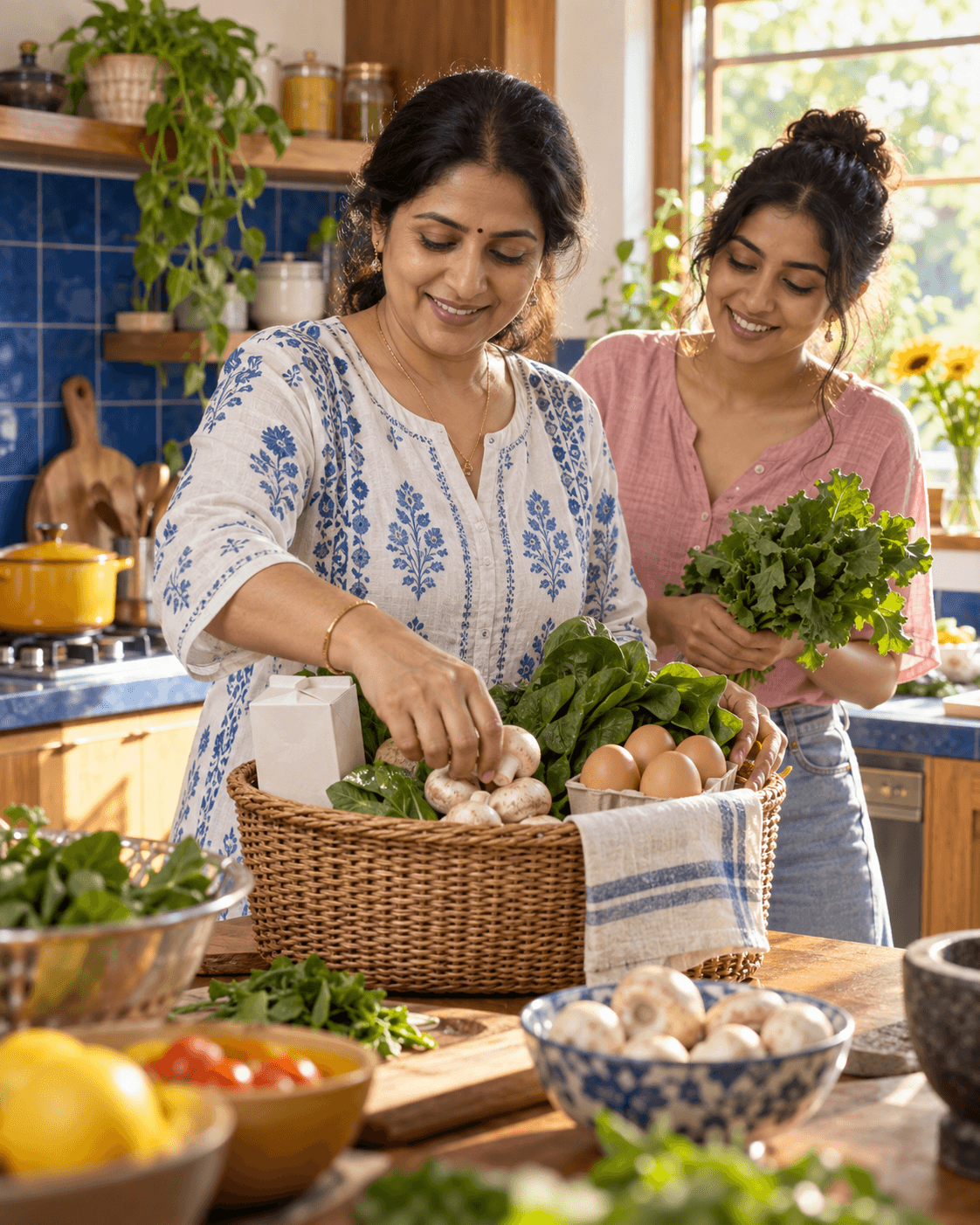 Indian woman leading a family food-planning moment in a colourful sunlit kitchen