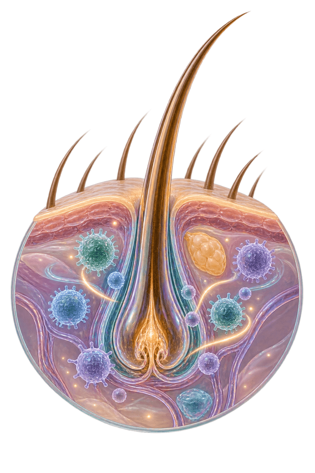 Transparent scalp and hair-follicle anatomy with gentle coloured cell-like light forms