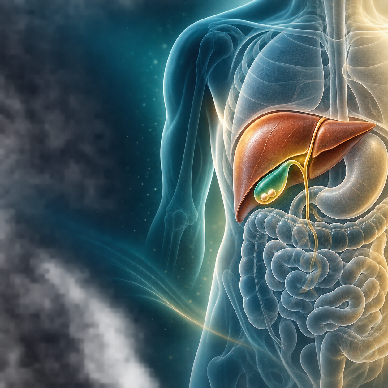 Transparent upper torso showing the liver, gallbladder and bile duct in aquamarine and gold