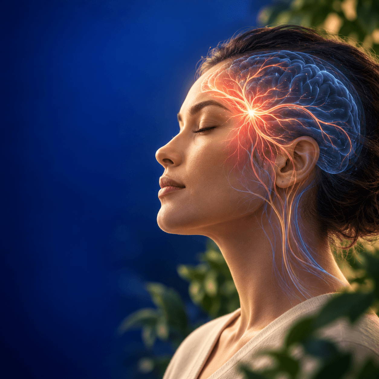Profile of a person with an illuminated illustration of the head and temple area