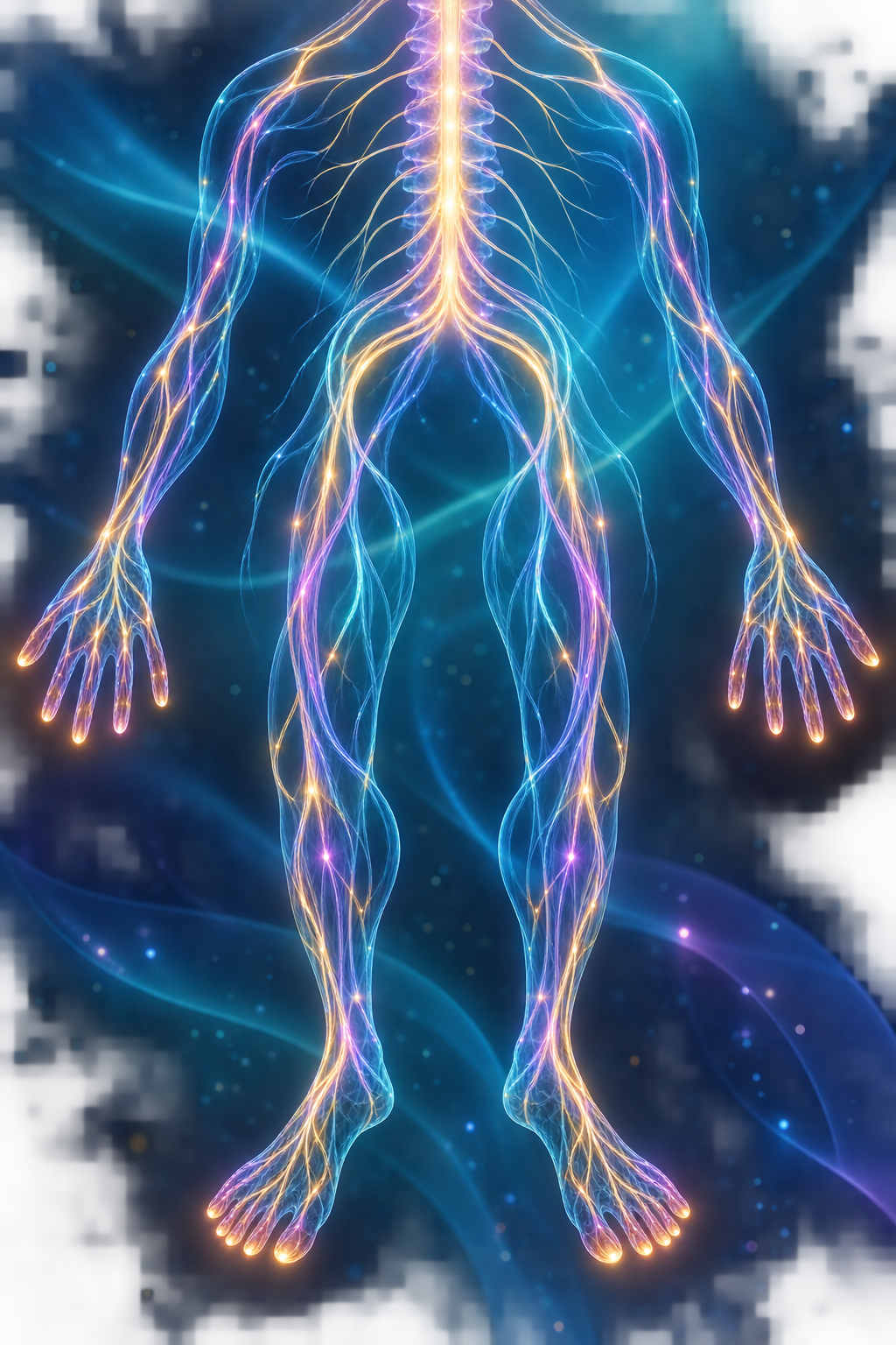 Glass-like full-body peripheral nerve pathways in turquoise, violet, and amber light