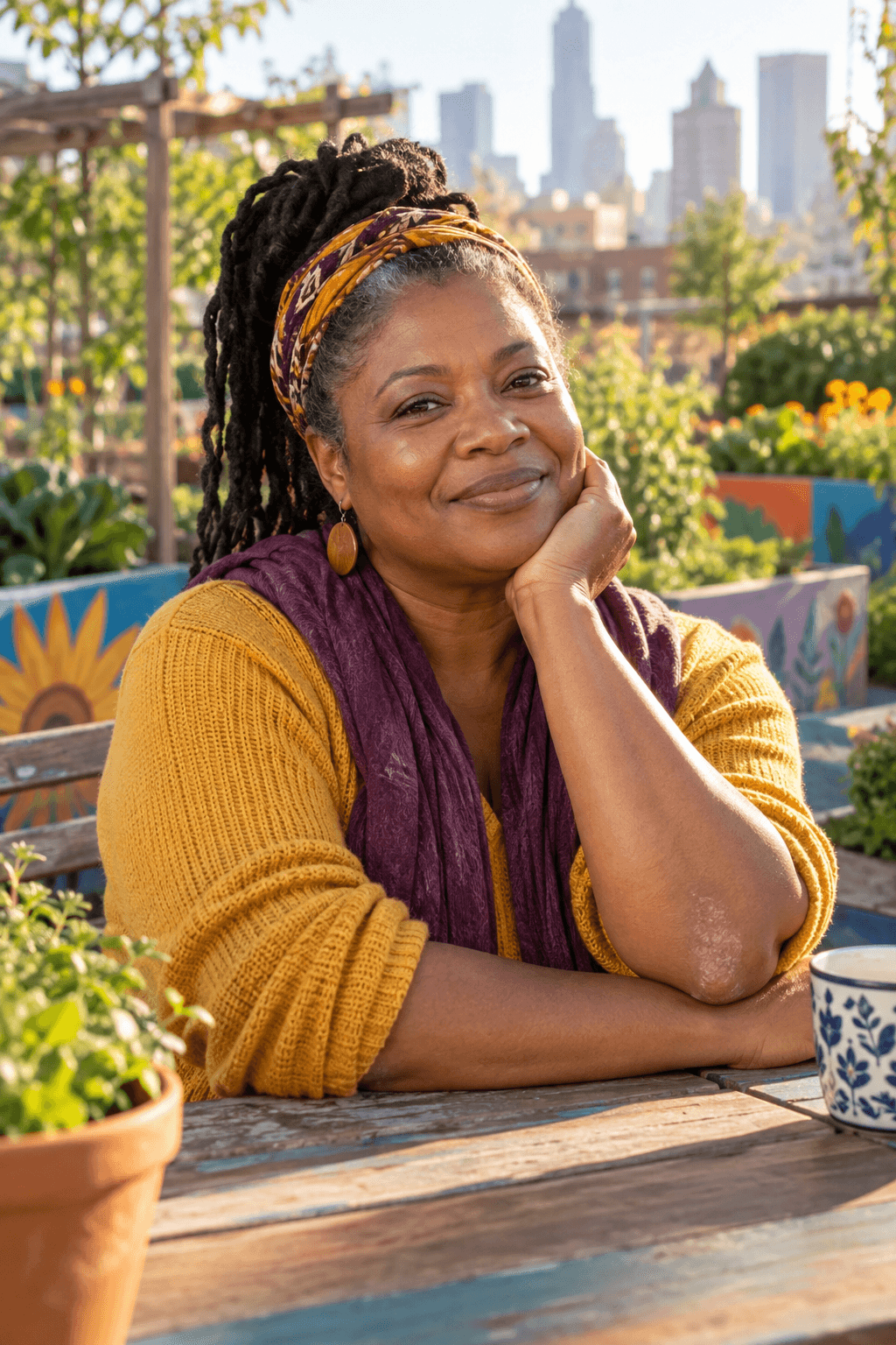 Woman with a mild psoriasis plaque on her elbow seated calmly at a colourful community garden table