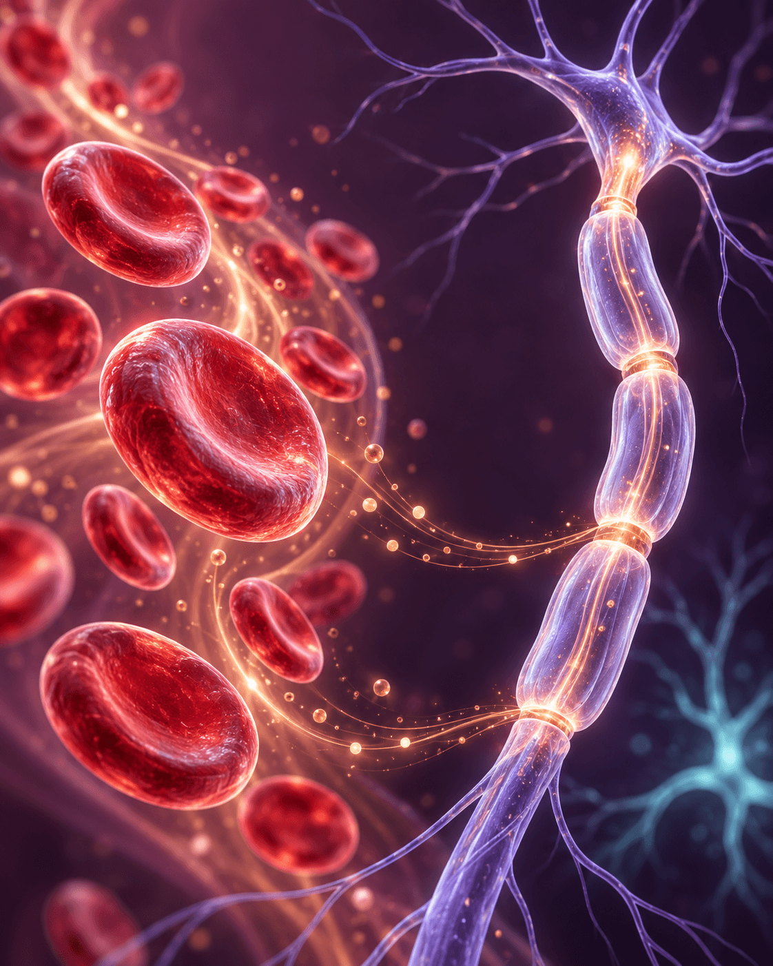 Educational composition of translucent ruby-red blood cells beside a violet nerve fibre