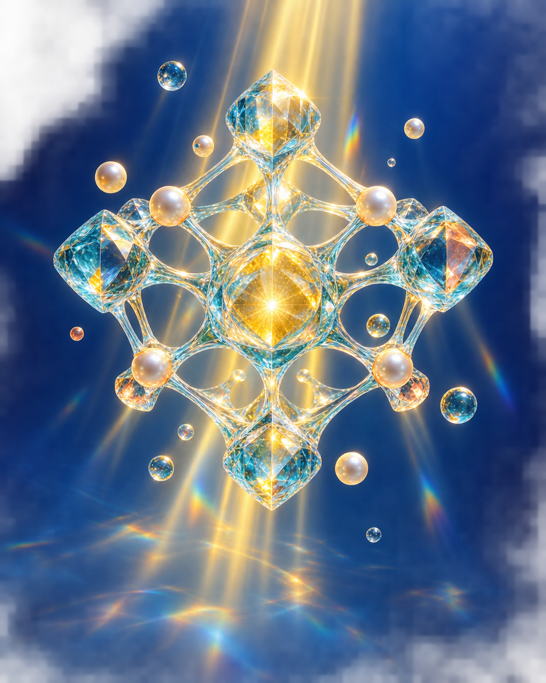 Abstract aqua-and-pearl crystalline lattice illuminated by golden light in a cobalt space