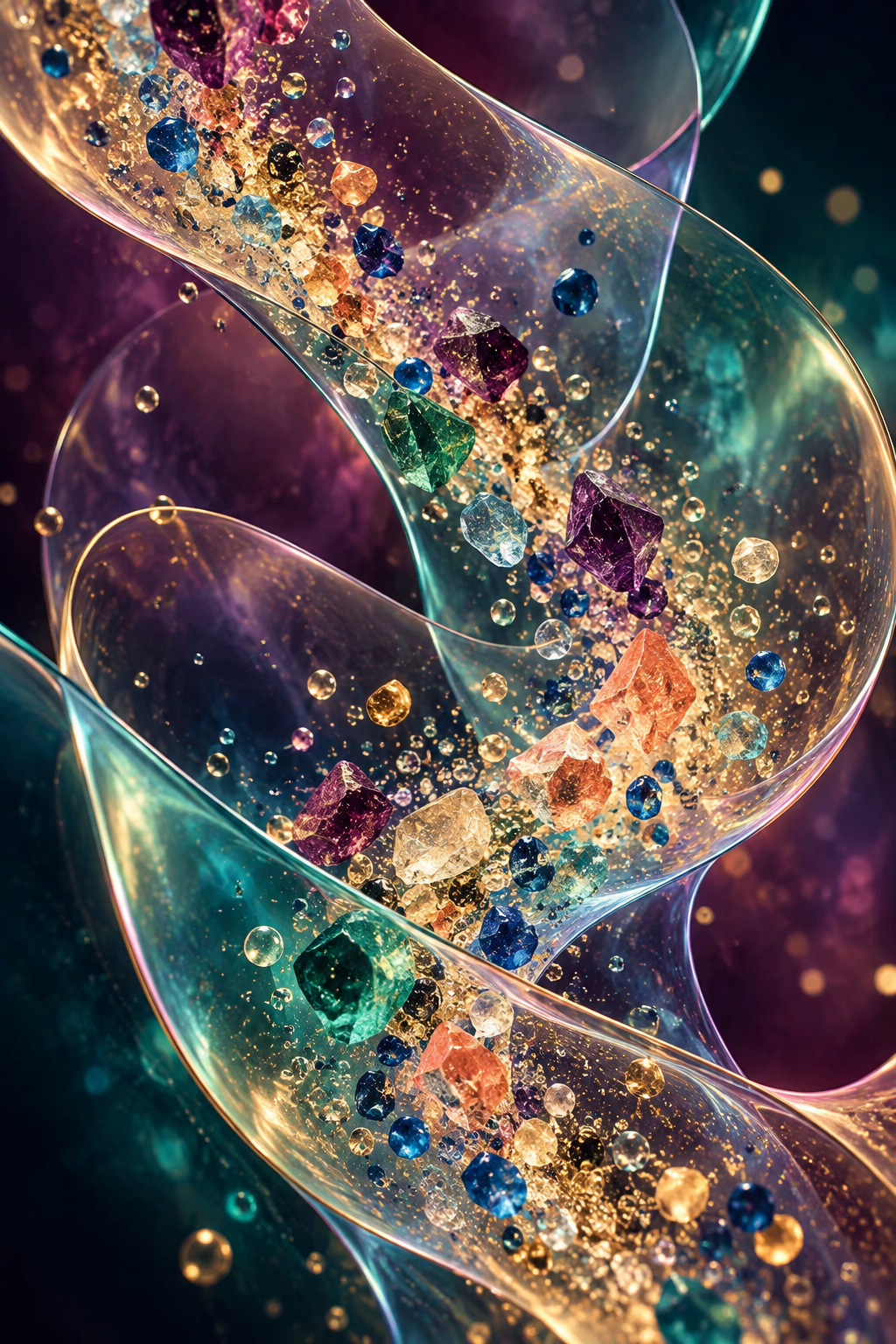 Abstract glass ribbon carrying colourful luminous pigment-like particles