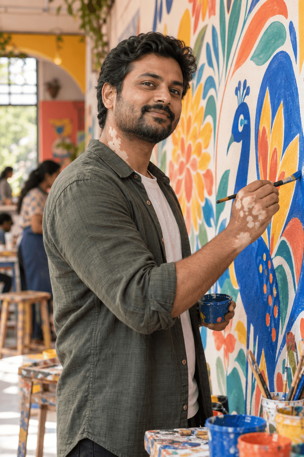 Indian man with visible vitiligo patches on his hand and neck creating a colourful community mural